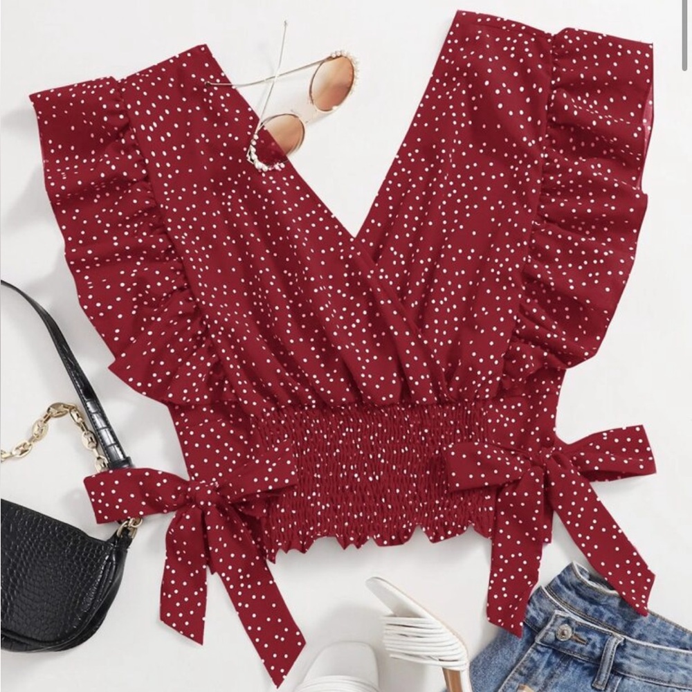 SHEIN Plus Ruffle Trim Knot Side Polka Dot Blouse